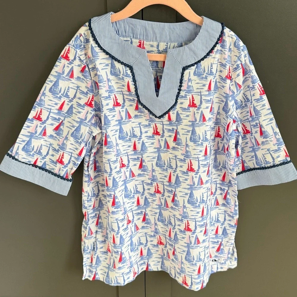 Vineyard Vines | Sailboat Navy Red Pink Print Cotton Shirt Tunic | XS